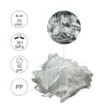 Polipropilén mikroszál betonhoz, beton adalékszál. 5 kg/zsák. Beton mikroszál (25 mm) - a repedésmentes kivitelezéshez